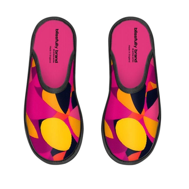 Airline Series Closed Toe Women's Lounge Slippers - Abstract Print Pink Orange Yellow Multicolor House Slippers Neoprene Comfy Retro Funky Bold Blissfully Brand Made in England Geometric Psychedelic 70's pop art