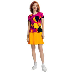 Airline Series Women's Tee - Geometric Abstract Print - Multicolor Pink Yellow Orange - Bold Funky Retro Vibrant Artistic Short Sleeve Crewneck - Plus Sizes