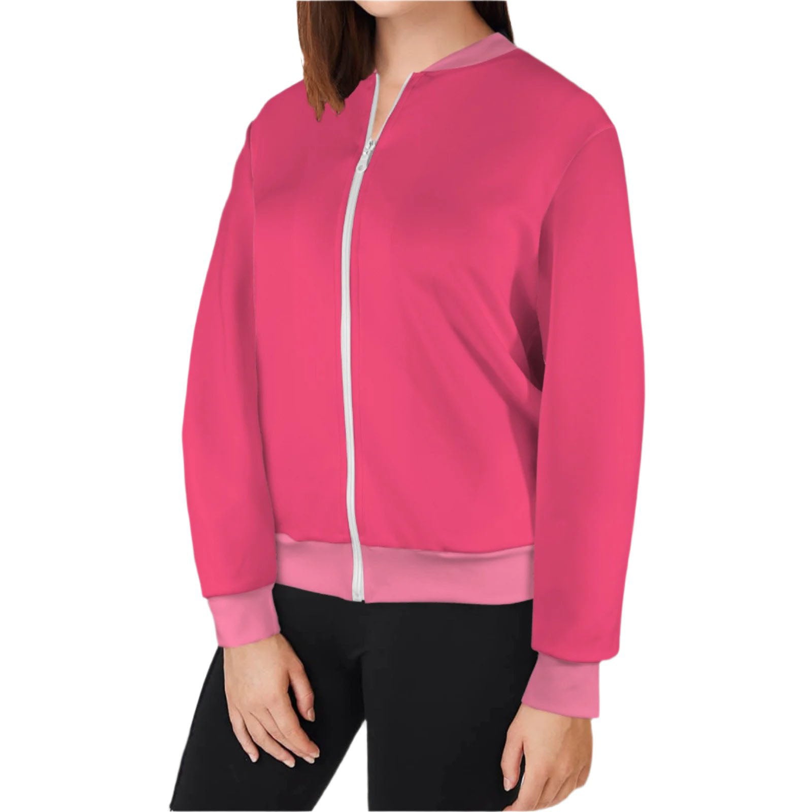 Women's vibrant red lightweight  casual bomber jacket with a white zipper and pink ribbing on the cuffs and hem Everyday Blissfully Brand