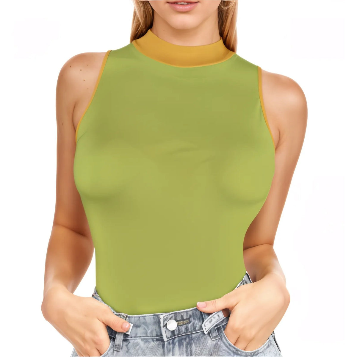 Jana Mock Neck Tank Top Vibrant Olive Green Contrasting neckline fitted Blissfully Brand