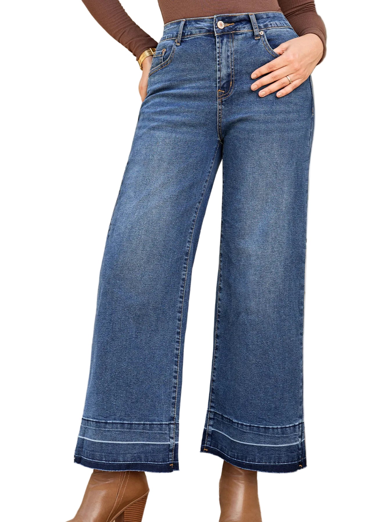 High-waisted wide leg blue jeans with frayed hem detail - relaxed fit and vintage-inspired silhouette - Bliss & Tell by Blissfully Brand