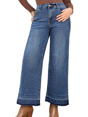 High-waisted wide leg blue jeans with frayed hem detail - relaxed fit and vintage-inspired silhouette - Bliss & Tell by Blissfully Brand