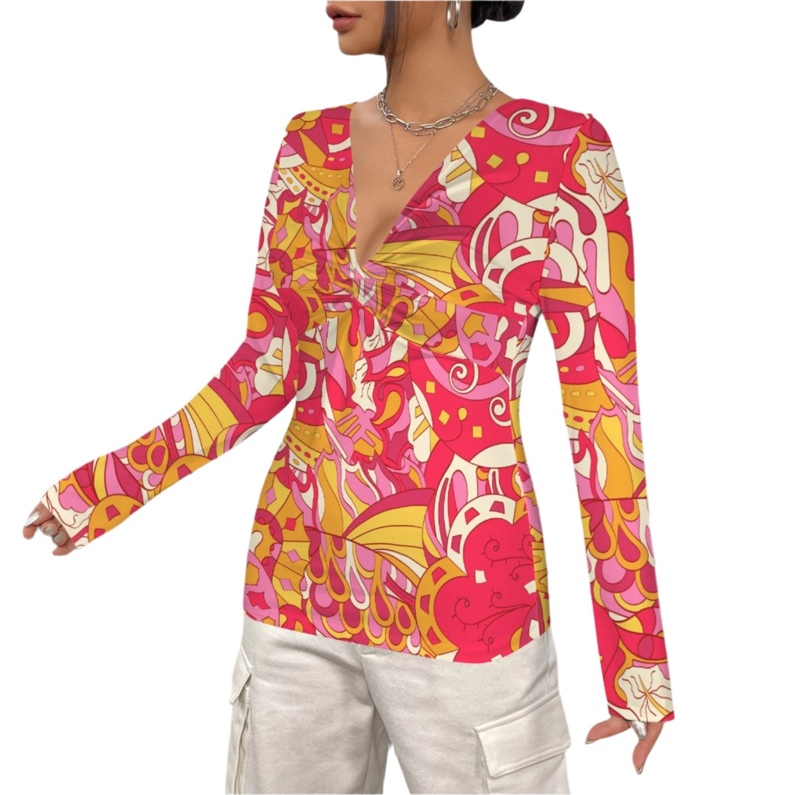 Decora Vibrant abstract patterned V-neck long sleeve top with bold red, yellow, and pink design Psychedelic Retro Abstract Print