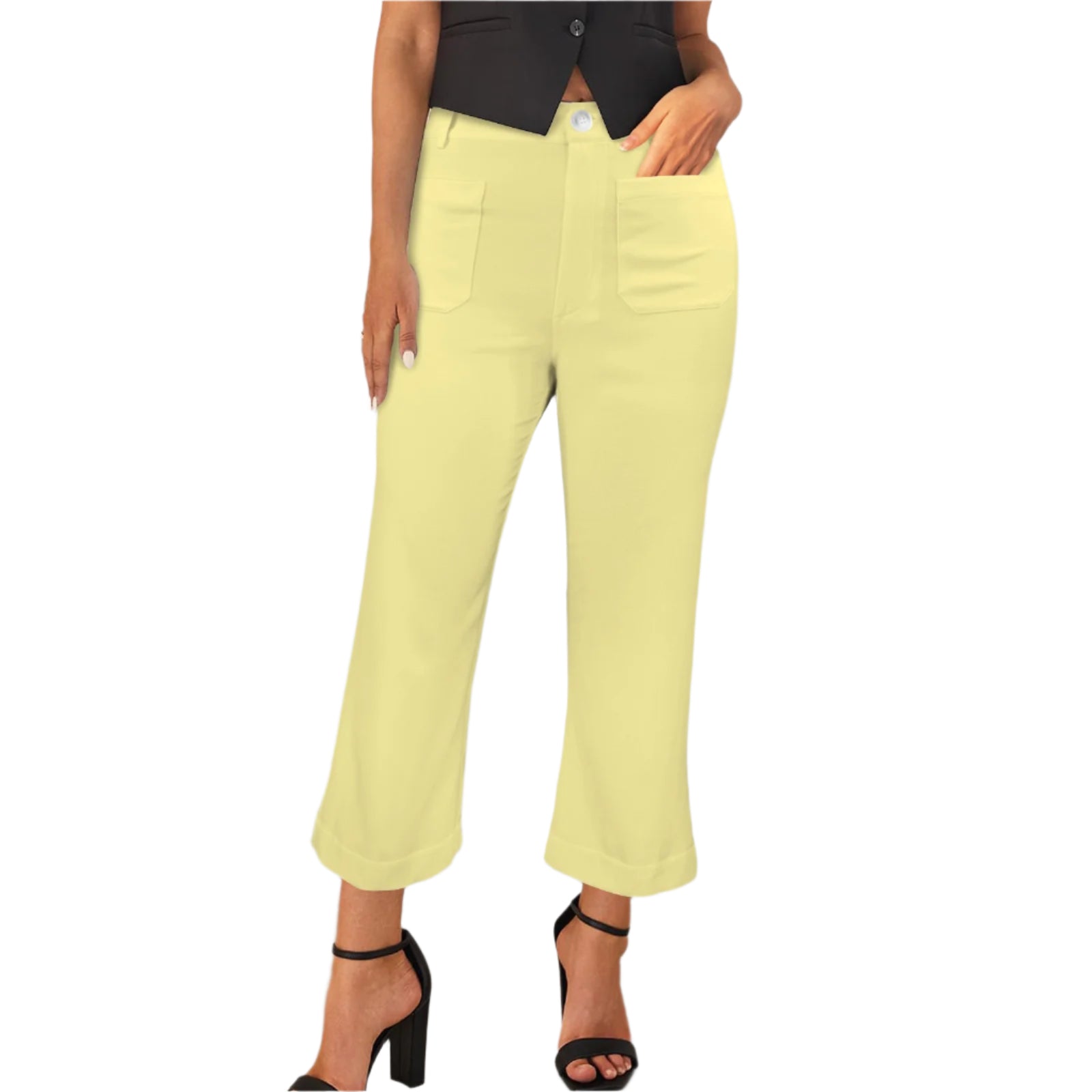 Pale yellow Piki cropped flared pants - wide leg high waist with pockets comfy casual wear - Blissfully Brand