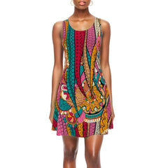 Taki Skater Dress - Vibrant Kaleidoscope Print Abstract Retro Multicolor Vibrant Bold Handmade Flare Scoop Neck Swirls Swirly Funky Wild Fun Plus Size