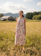 Amai dress by Blissfully Brand - Sleeveless boho maxi dress with colorful abstract floral patterns. Retro Chic