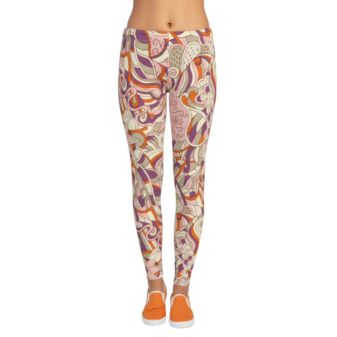 Amai Leggings with psychedelic purple, pink, and orange swirl pattern, paired with orange canvas sneakers, showcasing premium fabric comfort and style. Blissfully Brand