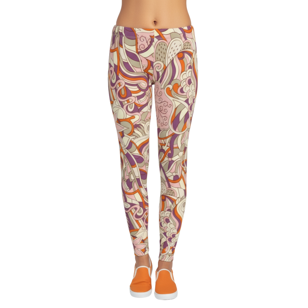 Amai Leggings with psychedelic purple, pink, and orange swirl pattern, paired with orange canvas sneakers, showcasing premium fabric comfort and style. Blissfully Brand