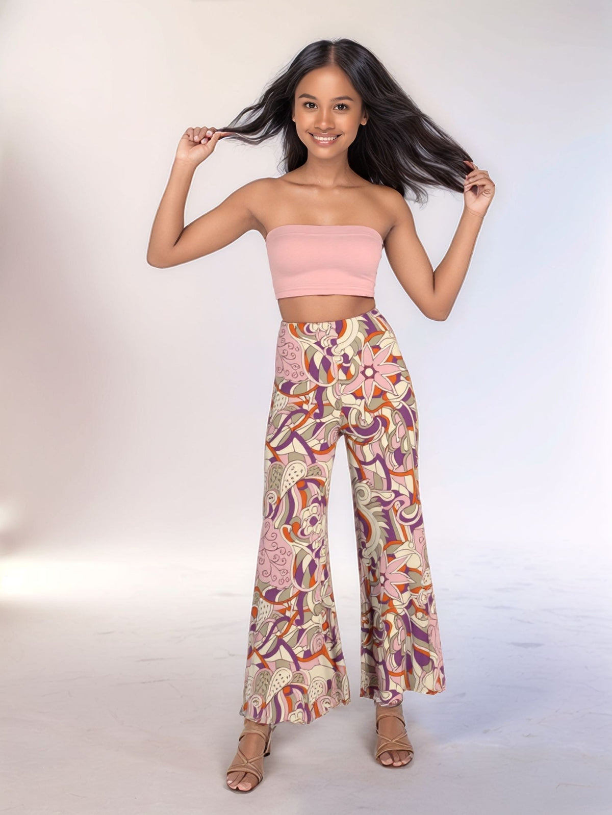 Amai Print Palazzo Pants: high-waisted, patterned palazzo pants with retro 70's floral and paisley design, swirly colorful pink orange purple - wide leg trousers - Profonde by Blissfully Brand