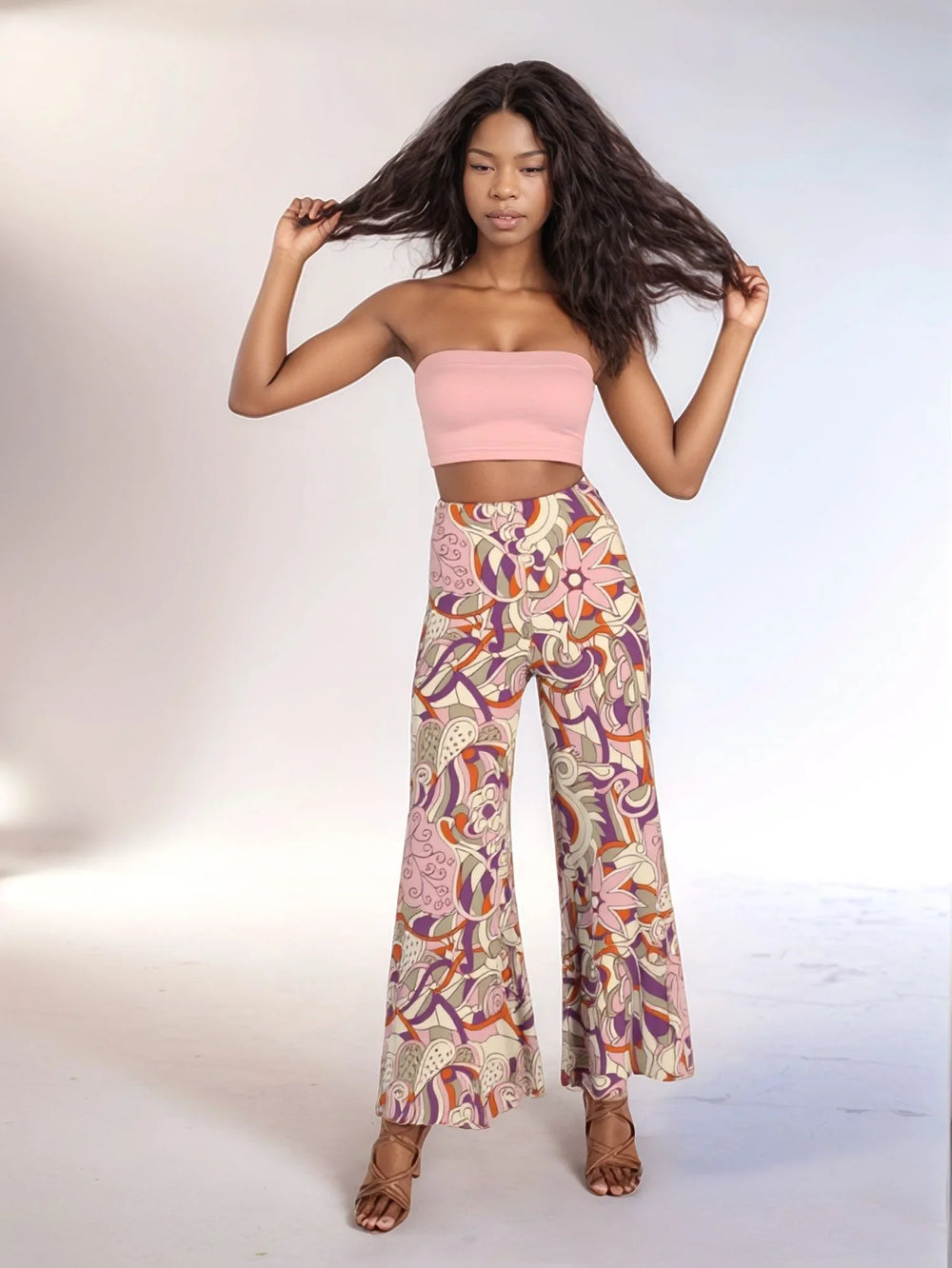 Amai Print Palazzo Pants: high-waisted, patterned palazzo pants with retro 70's floral and paisley design, swirly colorful pink orange purple - wide leg trousers - Profonde by Blissfully Brand