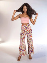 Amai Print Palazzo Pants: high-waisted, patterned palazzo pants with retro 70's floral and paisley design, swirly colorful pink orange purple - wide leg trousers - Profonde by Blissfully Brand
