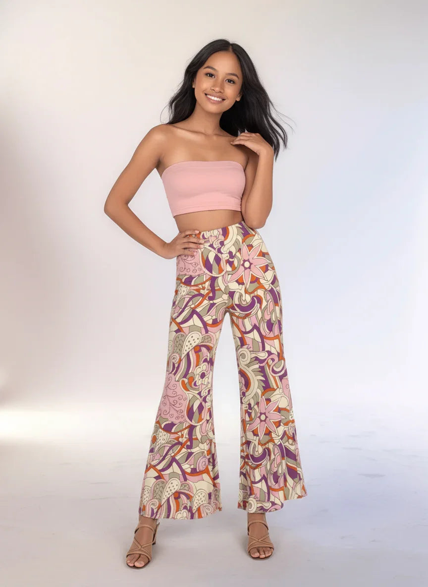 Amai Print Palazzo Pants: high-waisted, patterned palazzo pants with retro 70's floral and paisley design, swirly colorful pink orange purple - wide leg trousers - Profonde by Blissfully Brand