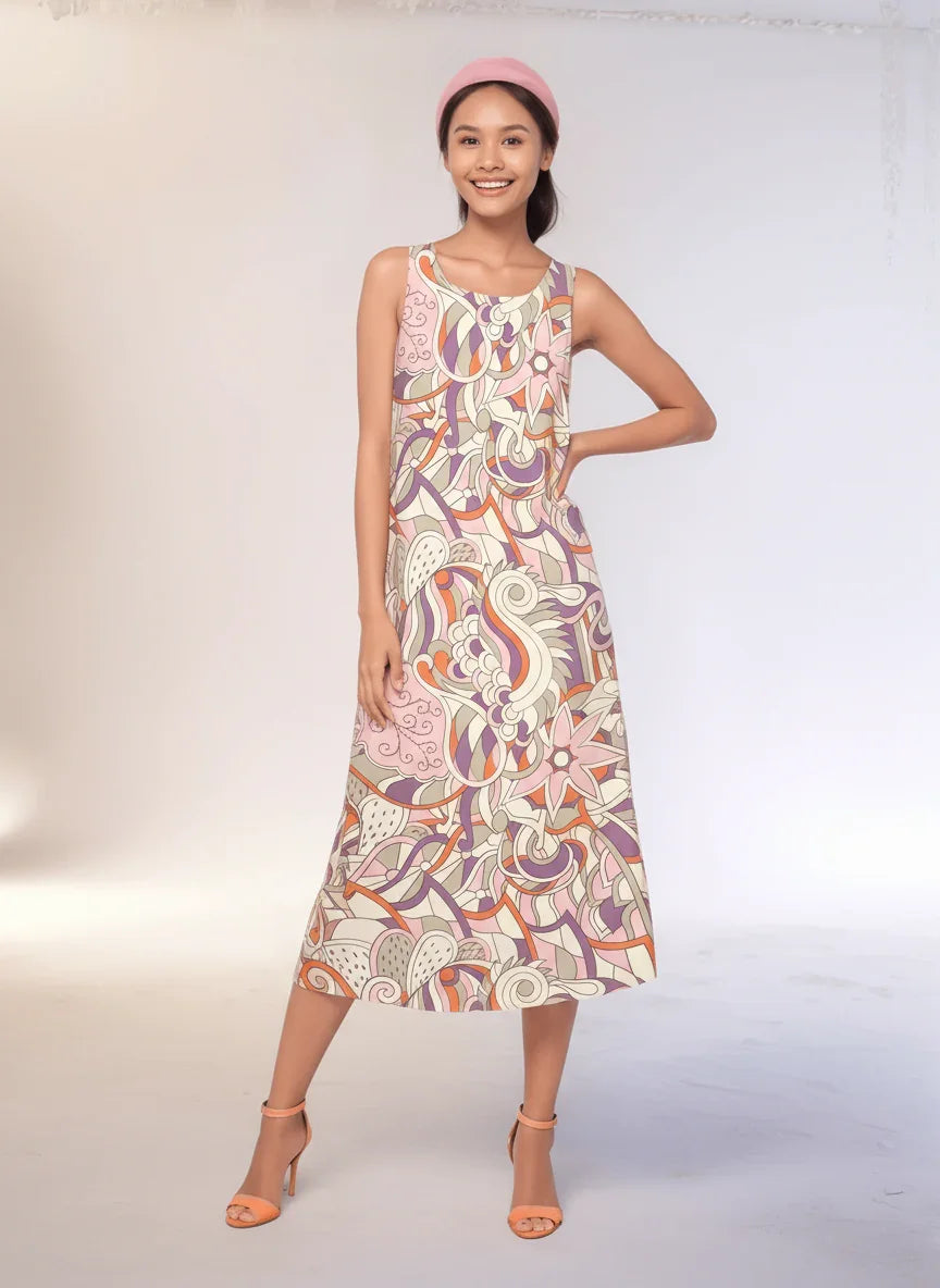 Amai dress by Blissfully Brand - Sleeveless boho maxi dress with colorful abstract floral patterns. Retro Chic
