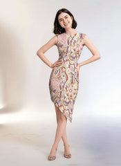 Amai dress by Blissfully Brand featuring asymmetrical hemline and vibrant abstract floral-inspired patterns.