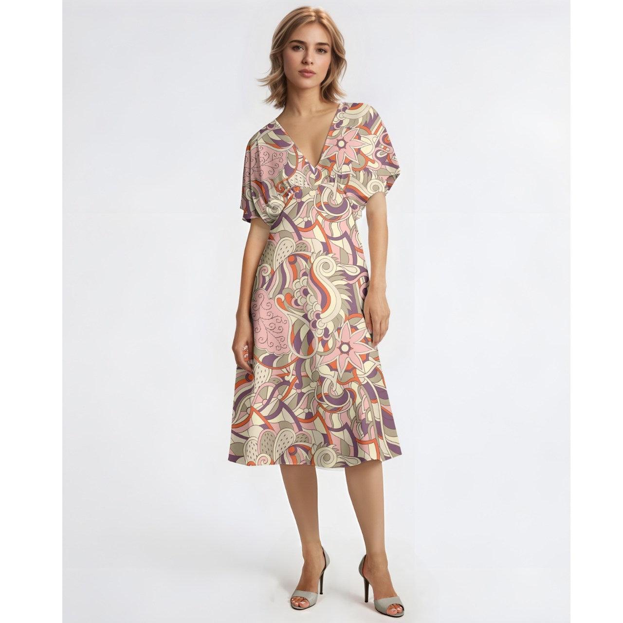 Amai Draped Butterfly Sleeve V-neck Midi Dress - Pop Art Retro Paisley Floral Print Abstract Swirls Geometric Pink Orange Bold Summer Autumn Bohemian Blissfully Brand