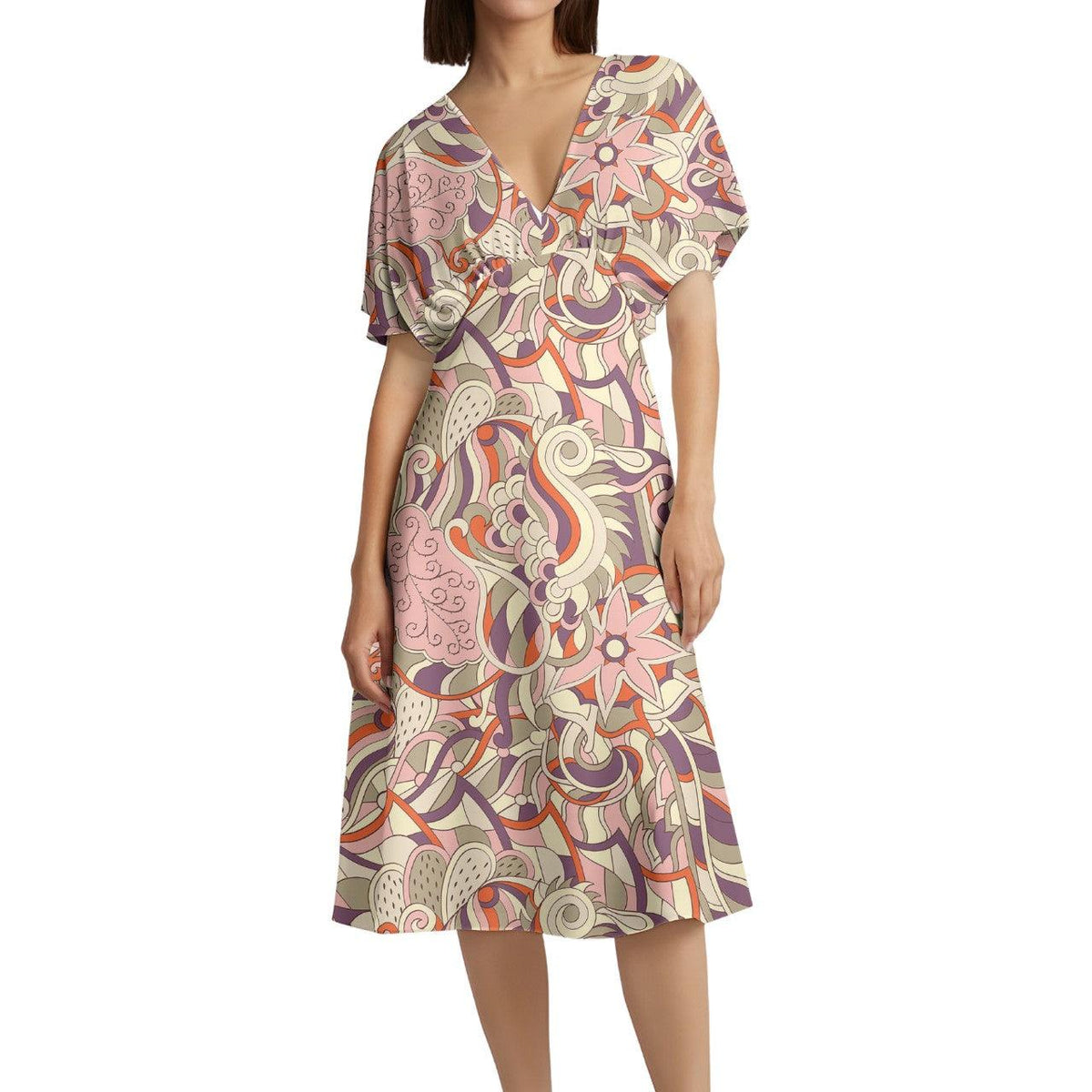 Amai Draped Butterfly Sleeve V-neck Midi Dress - Pop Art Retro Paisley Floral Print Abstract Swirls Geometric Pink Orange Bold Summer Autumn Bohemian Blissfully Brand