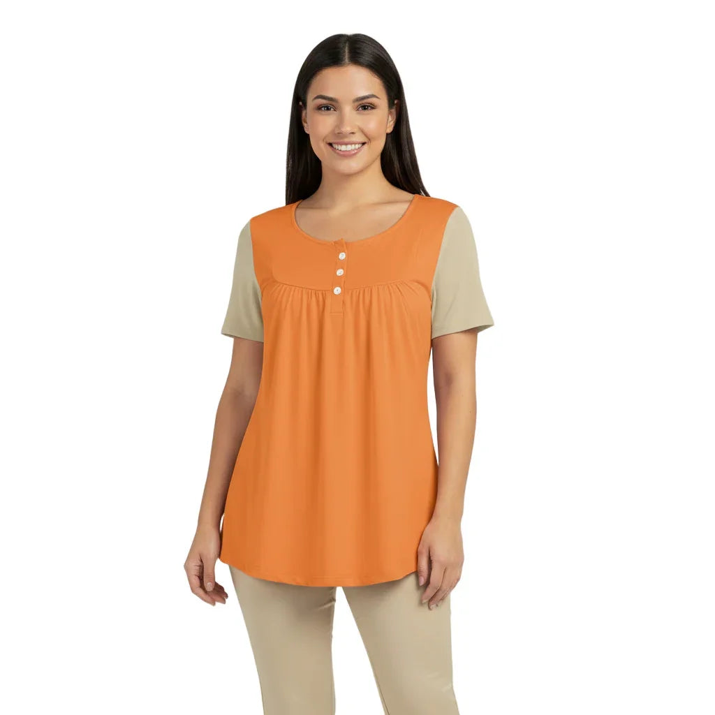 Women's two-tone orange and beige warm orange yellow  casual top with gathered front and button detail