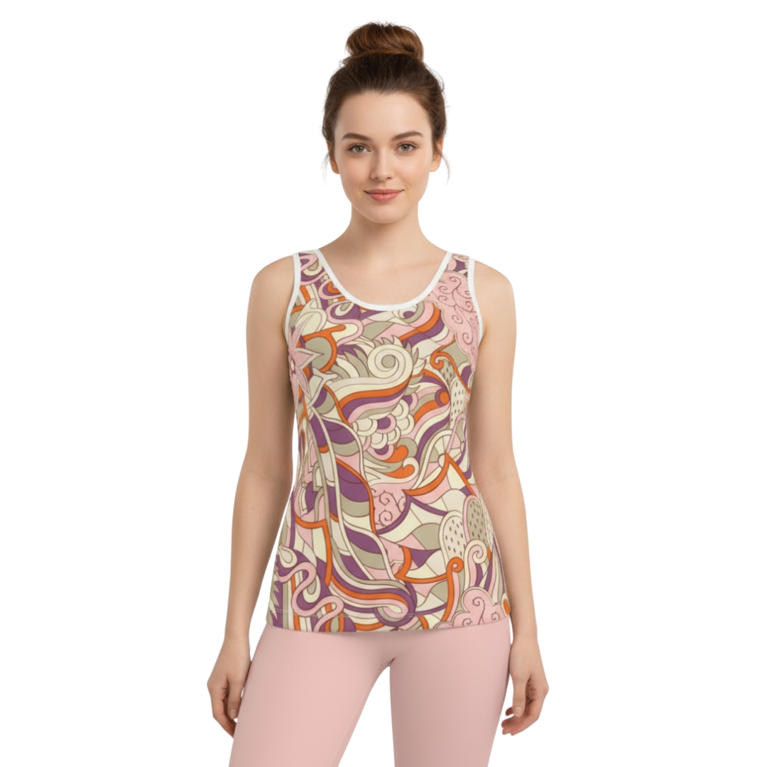  Amai Scoop Neck Tank in colorful psychedelic pattern, featuring swirling designs in pink, purple, orange, and beige, paired with pink pants for a vibrant, coordinated look. - Blissfully Brand