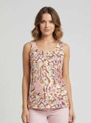 Amai print round neck tank top in warm mulberry plum, burnt orange, blush pink and cream psychedelic botanical motifs, paired with rose pink jeans and white heels — Profonde Collection by Blissfully Brand, handmade to order in Montreal