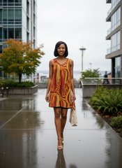 Ame reversible dress by Blissfully Brand in bold orange and yellow abstract pattern. Versatile sleeveless design, black reversed solid, perfect for any occasion