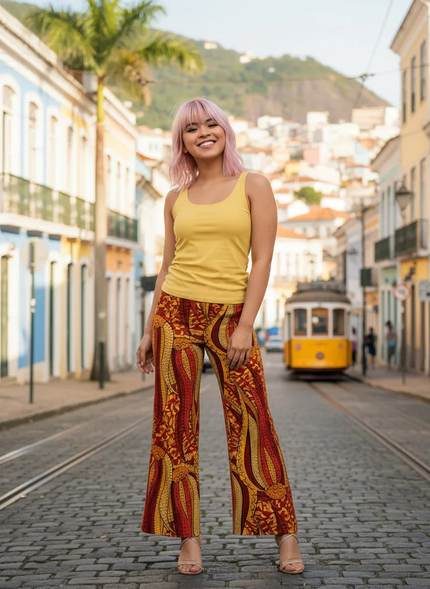 Ame print palazzo pants in red, orange, and gold hues. Retro Tribal Influenced print - Bold Vibrant Chic Wide leg trousers for women - Profonde by Blissfully Brand