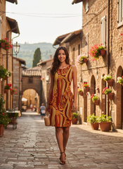 Ame dress by Blissfully Brand featuring a colorful fire inspired abstract print in gold and orange and knee length. Retro Chic