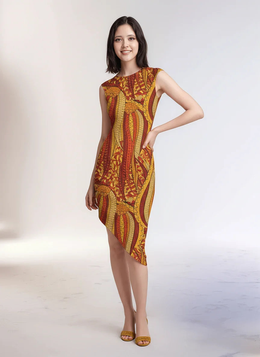 Ame dress by Blissfully Brand, a stunning asymmetrical dress with a vibrant orange and gold abstract print