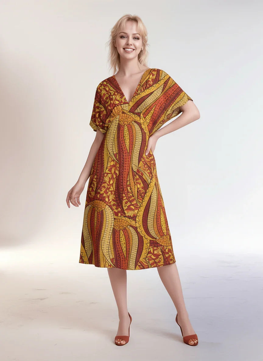 Ame dress by Blissfully Brand - vibrant orange and yellow ethnic print midi dress with V-neck.