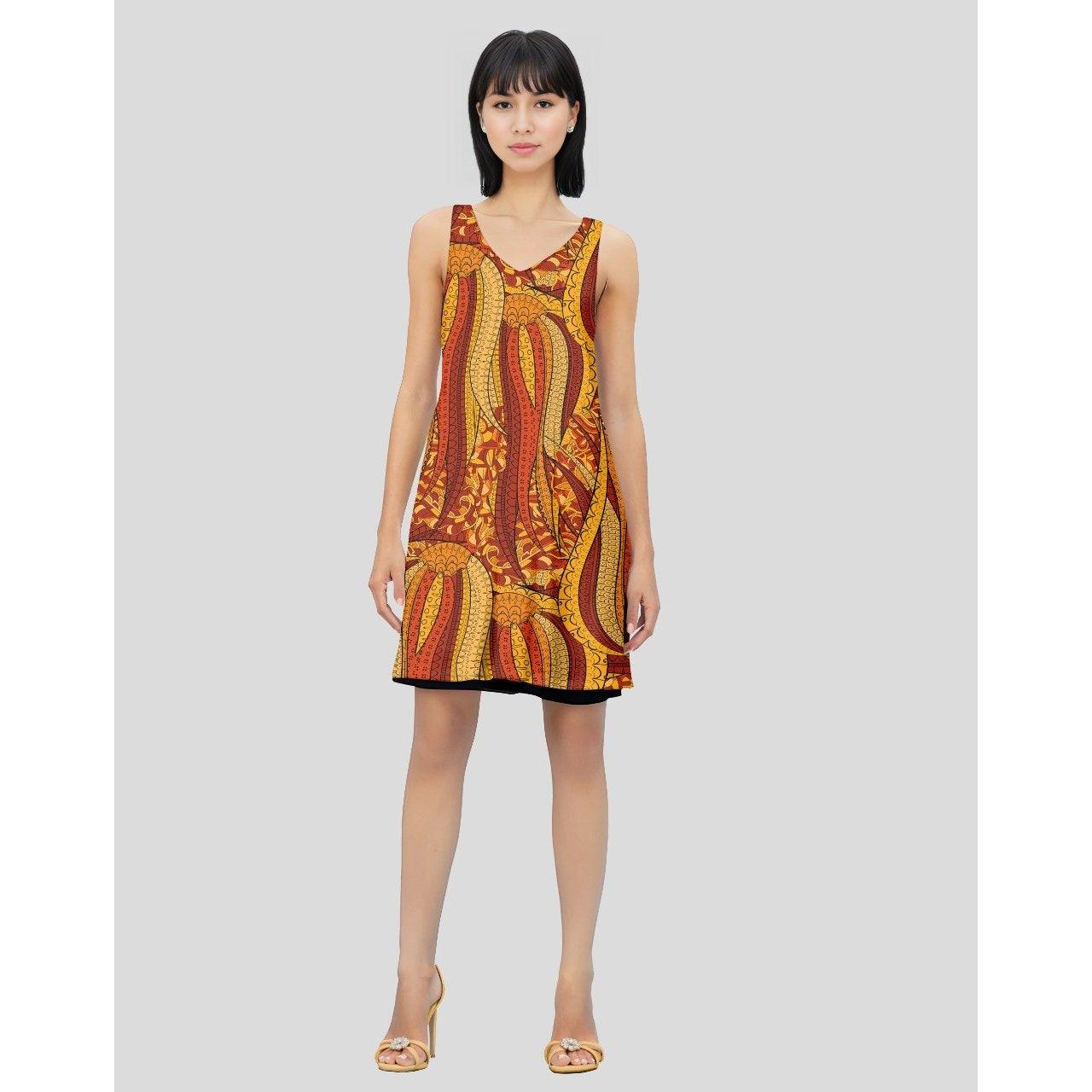 Ame Reversible V-neck Dress Black Solid Reverse Bohemian Abstract Tribal Print Artisanal Batik Inspired Ethnic Orange Red - Bold Vibrant Blissfully Brand