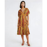 Ame Draped Butterfly Sleeve V-neck Midi Dress Bohemian Tribal Abstract Print Orange Red Ethnic Artisanal Batik Inspired Bold Vibrant Blissfully Brand