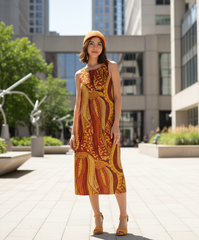 Ame sleeveless boho print maxi dress by Blissfully Brand, featuring a bold red and yellow abstract pattern. Retro Chic