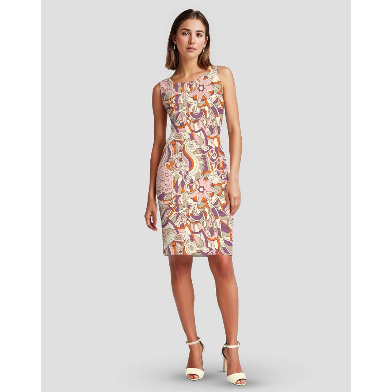 Amai sleeveless above knee-length cocktail sheath dress psychedelic abstract floral paisley swirls retro Designer Print Pink Violet Round Neck Form fitted bodycon Blissfully Brand