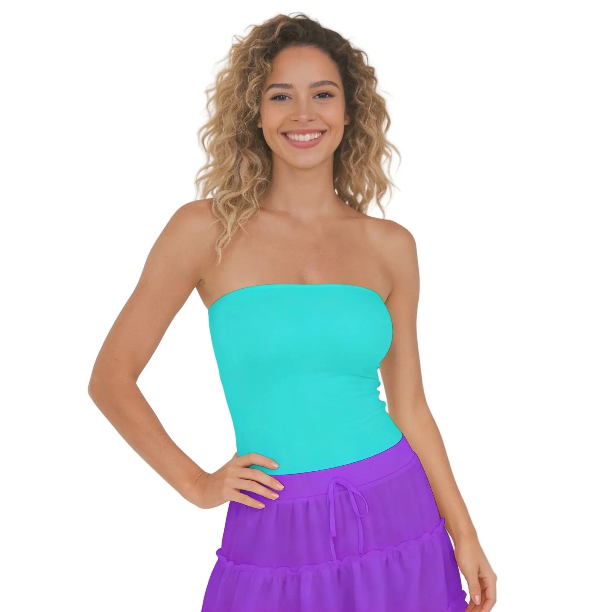 Woman wearing aqua strapless double-layer tube top paired with electric violet tiered mini skirt and aqua violet color-block sneakers — Core Essentials by Blissfully Brand