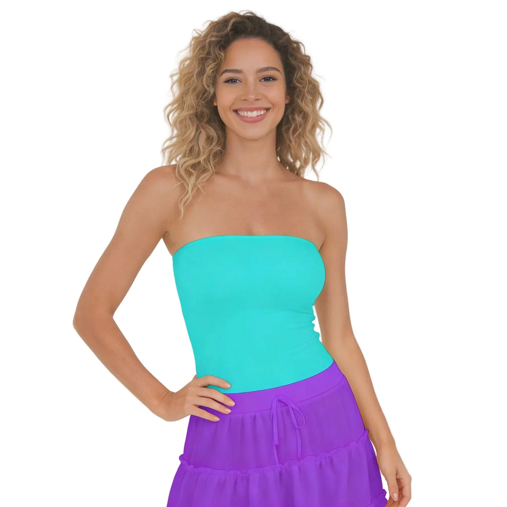 Woman wearing aqua strapless double-layer tube top paired with electric violet tiered mini skirt and aqua violet color-block sneakers — Core Essentials by Blissfully Brand