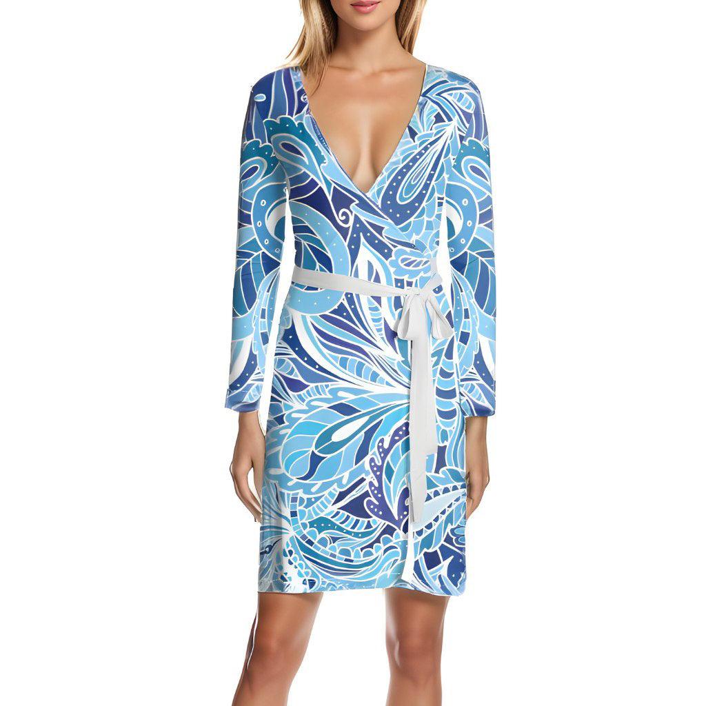 Aqui Jersey Wrap Dress - Abstract Blue Floral Kaleidoscope Print Silky V-neck Deep Handmade Retro Bold Vibrant Swirls Swirly Plus Size