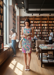 Arane knee length dress by Blissfully Brand featuring bold, colorful floral paisley patterns for a vibrant, statement-making style. Retro Chic & Vintage vibe