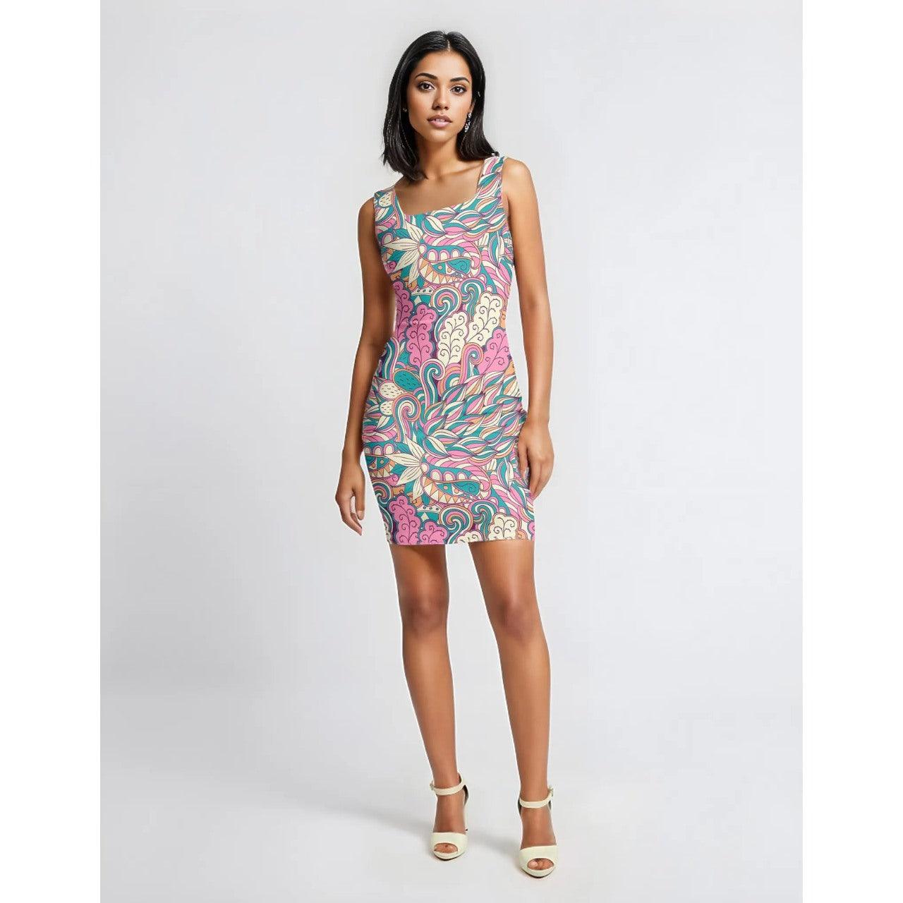 Arane Sleeveless Cocktail Bodycon Dress Boho Geo Psychedelic Print Exotic Paisley Tribal Floral Streetwear Pink Green Retro Vibrant Bold Blissfully Brand