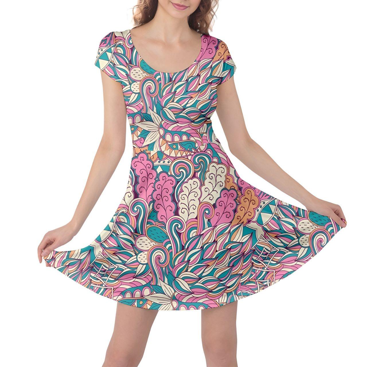 Colorful vibrant retro psychedelic floral paisley print short sleeve summer dress with scoop neck and flared skirt