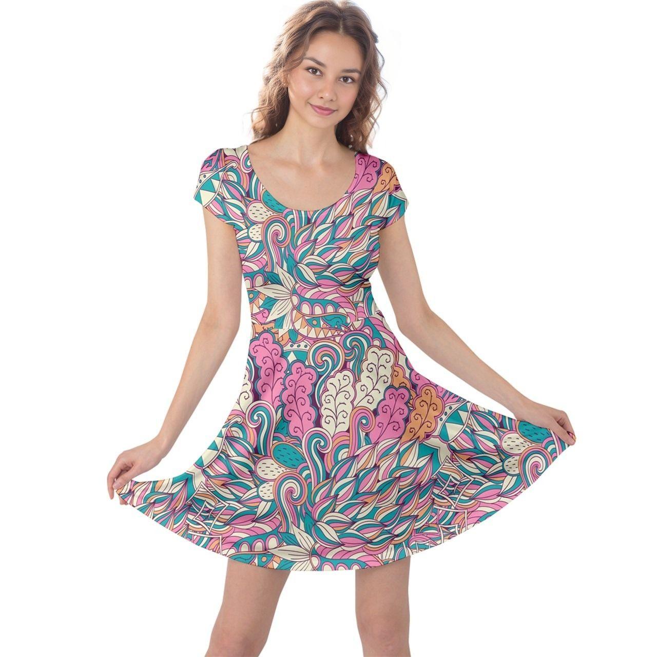 Colorful psychedelic retro floral paisley print short sleeve summer dress with scoop neck and flared skirt