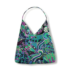 Colorful Nela print canvas tulip bag with abstract psychedelic pattern in green, blue, purple, and black – bohemian handbag for women - Profonde by Blissfully Brand
