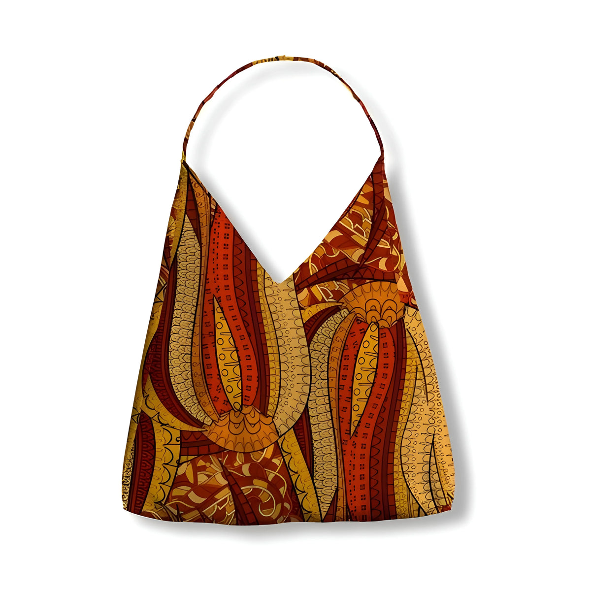 Vibrant Ame print canvas tulip bag with African-inspired tribal patterns in orange, yellow, and brown tones, featuring a single strap and unique abstract design - Profonde by Blissfully Brand