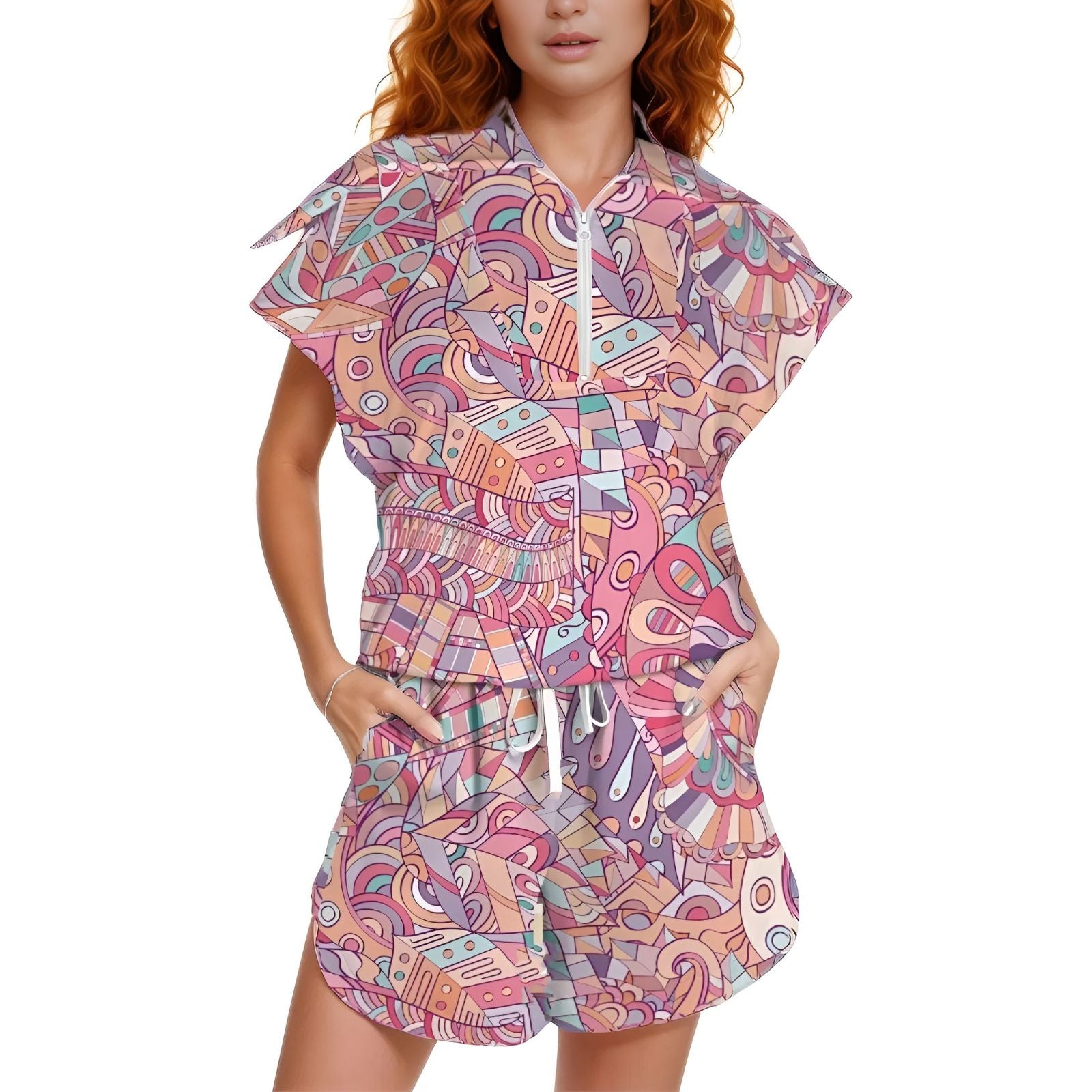 Abstract Geometric Bold Vibrant Loungewear Set - Short Drape Sleeve Zip Top Wide Lapel Collar with shorts - Blissfully Brand