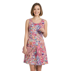 Baiu Mini Skater Dress - Scoop Neck Sleeveless Geometric Abstract Retro Pink Purple Green Swirls Kaleidoscope Doodle Multicolor Print Tangle Psychedelic Bold Vibrant - Blissfully Brand