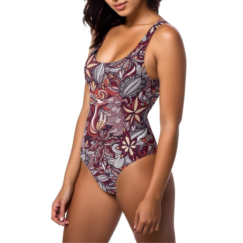 Biei Scoop Neck One-Piece Swimsuit - Dark Paisley Floral Print Retro Red Pink Orange Kaleidoscopic Wild Beachwear Swimwear  Low Scoop Back