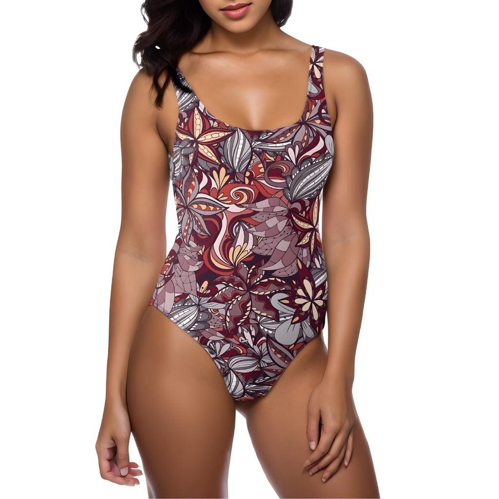 Biei Scoop Neck One-Piece Swimsuit - Dark Paisley Floral Print Retro Red Pink Orange Kaleidoscopic Wild Beachwear Swimwear  Low Scoop Back Plus Size