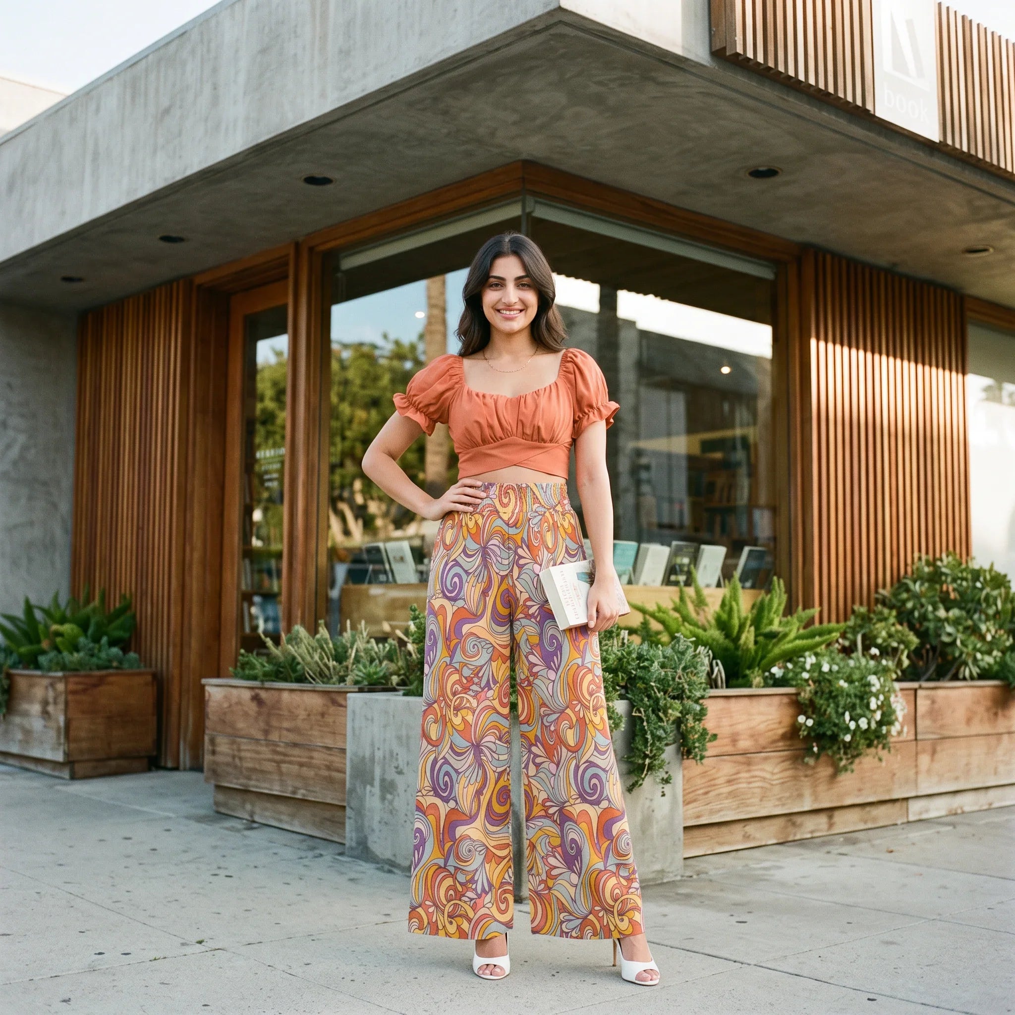 Binka Orange Puff Sleeve Crop Top with Tie Back