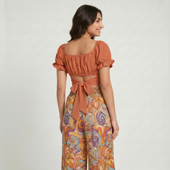 Binka Orange Puff Sleeve Crop Top with Tie Back
