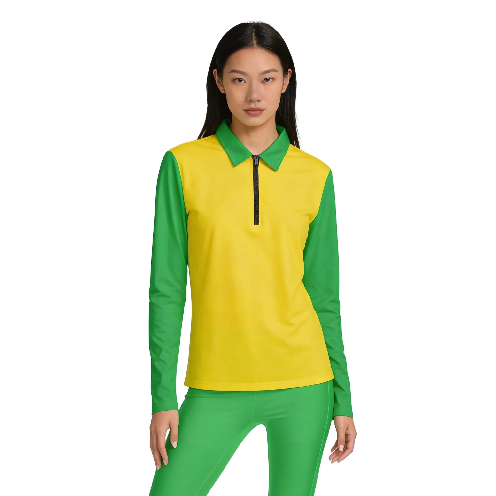 Color Block Canary Yellow and Dark Pastel Green color-blocked quarter zip long sleeve active top from Core Essentials Series, featuring structured collar and breathable fabric - Blissfully Brand