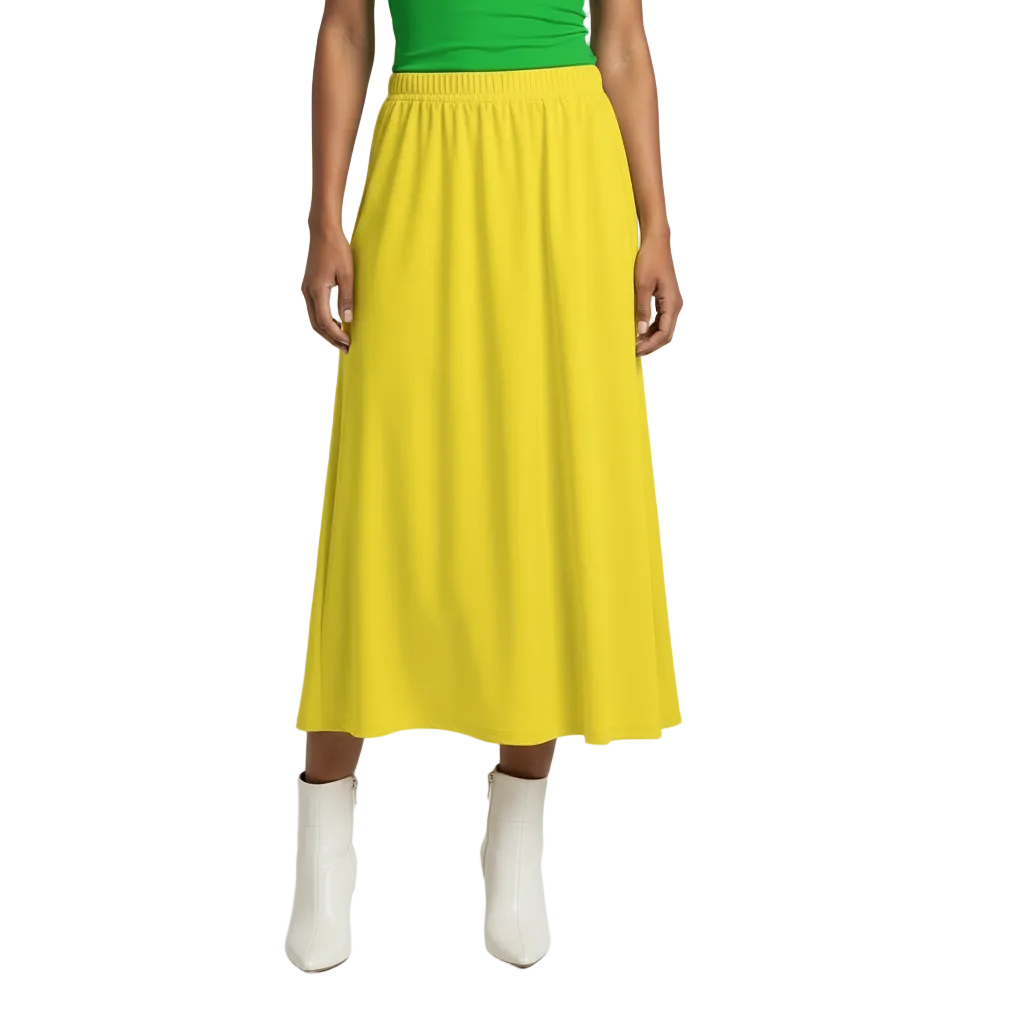 Woman wearing canary yellow high waisted pleated midi skirt with green fitted cami tank and white ankle boots - Lemon High Waisted Midi Skirt by Blissfully Brand Core Essentials