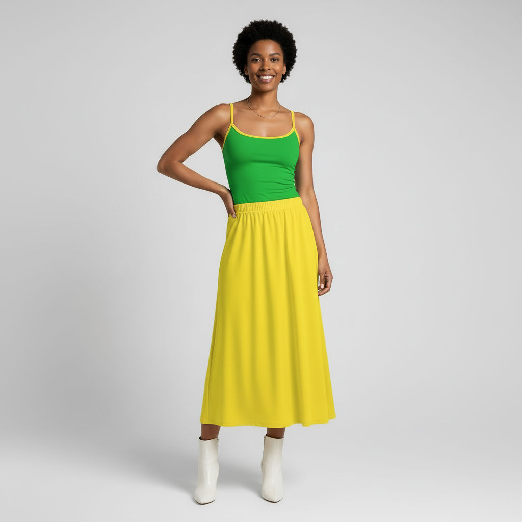 Full length view of canary yellow midi skirt with elastic waistband and gentle flare paired with green spaghetti strap top - Blissfully Brand Lemon High Waisted Midi Skirt